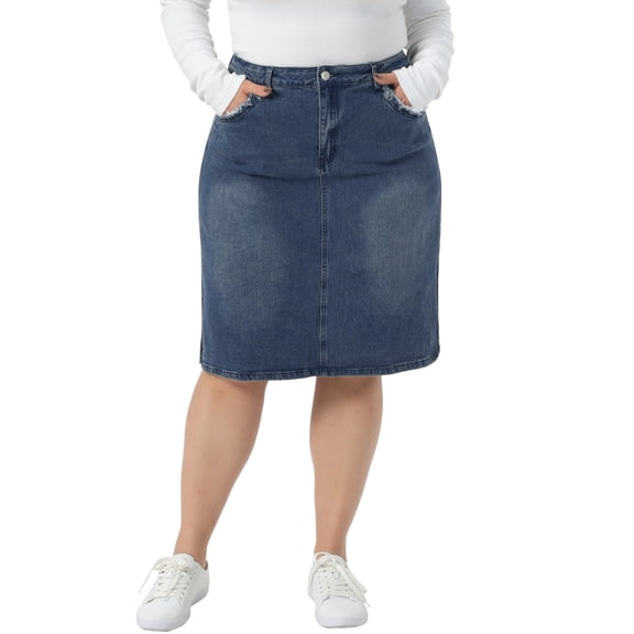 Agnes Orinda Women's Plus Size Pencil Skirt Casual Slim Side Slit Jean Denim Skirts 1X Mid Blue