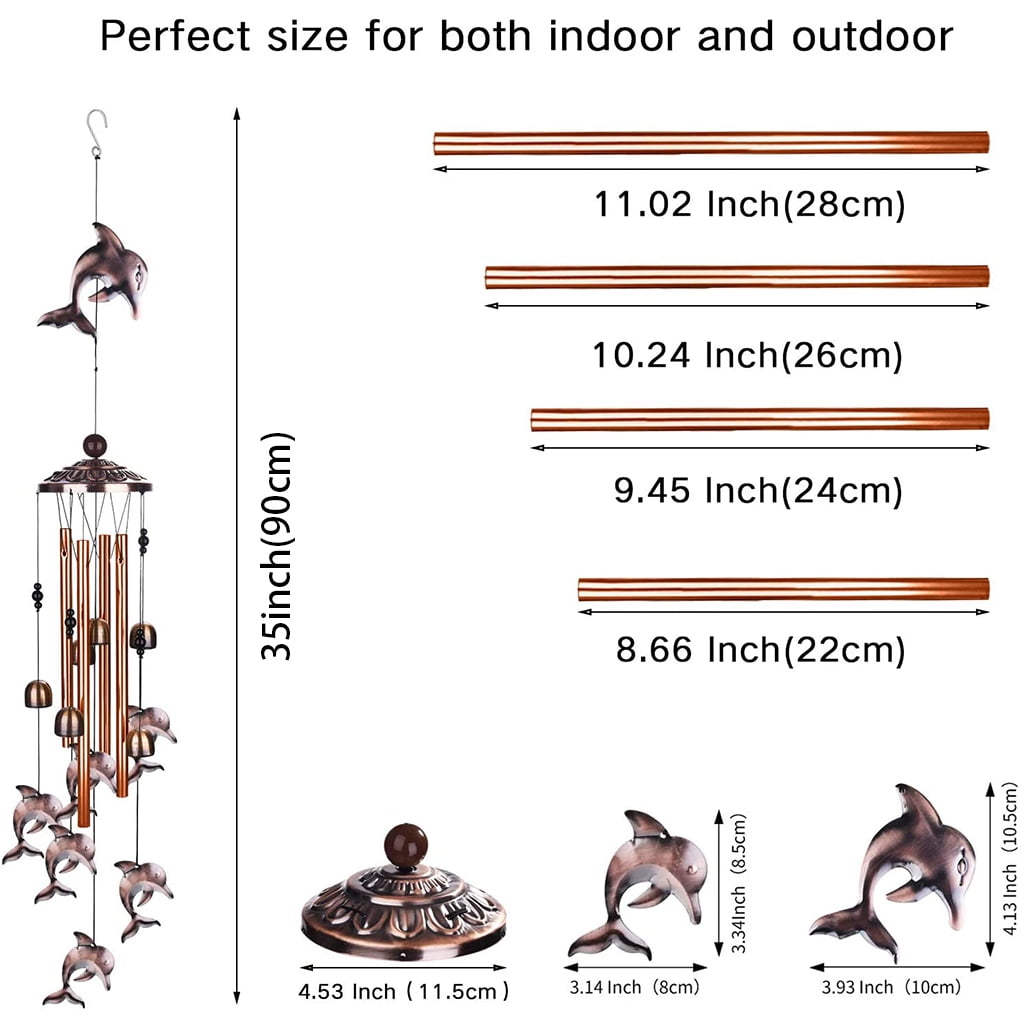35 Inch Wind Chimes Retro Dolphin Bells Soothing Melodic Tones Indoor Outdoor Decoration for Patio Porch Garden Yard