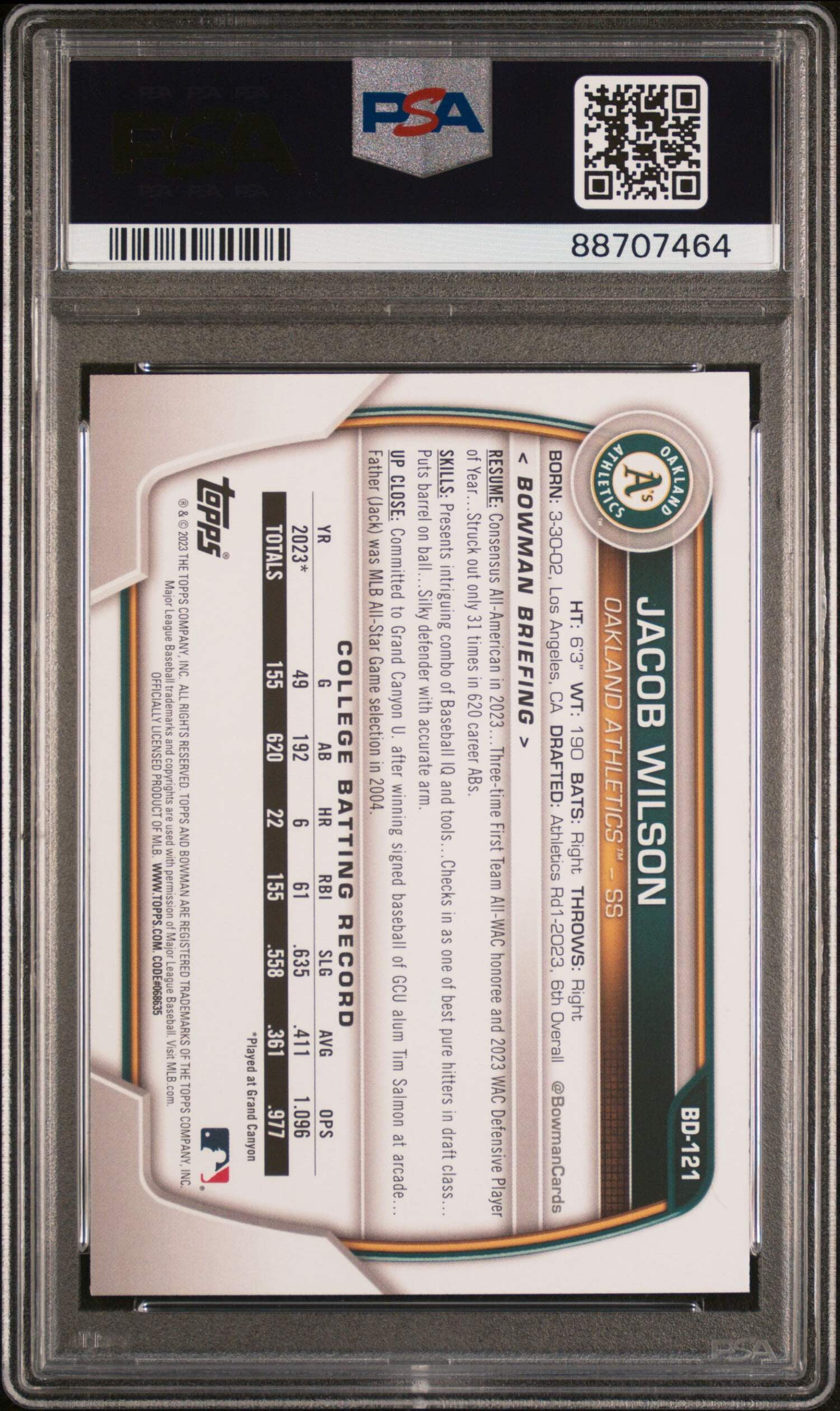 Graded 2023 Topps Bowman Draft Jacob Wilson #BD121 Rookie RC 