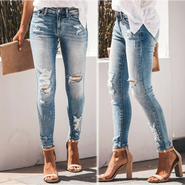 WILLBEST Jeans Mujer Pantalones Vaqueros Desgastados y Rotos para Mujer, Informales, de Cintura Alta, Ajustados, Con Agujeros, Cómodos, Elásticos, a La Moda Extra Grande