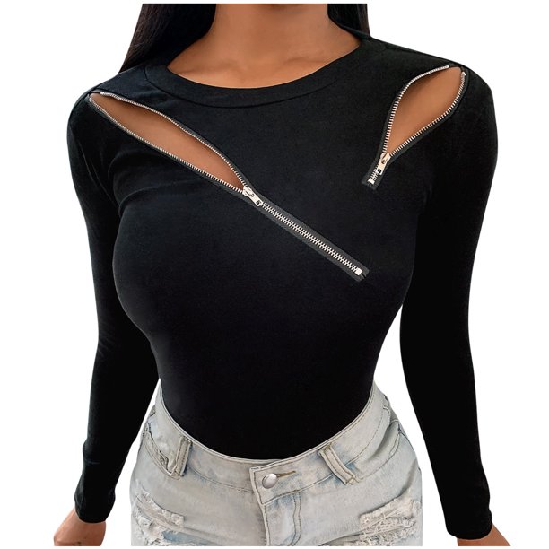 Moda mujer color sólido manga larga sexy cremallera diseño casual halter top Fridja ghj987+3821