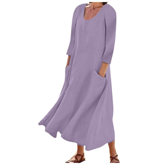 gakvbuo Fall Dresses For Women Plus Size Maxi Dress Crewneck Loose 3/4 Sleeve Dresses With Pocket