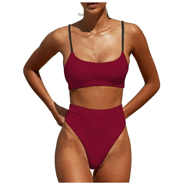 NINGMENG Bikinis for Women Summer Solid Color Spaghetti Strap Brassiere With Thongs High Waisted Bottom Two Piece Bikini Sets For Women Bathing Suits,Red,L