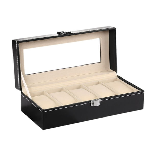 Organizador de relojes para hombre, escaparate de almacenamiento, estuche de exposición negro, caja con 5 ranuras, bandeja para colgante, reloj de
