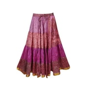 Mogul Womens Maxi Skirt Vintage Recycled Sari Full Flare Golden Border A-Line Printed Boho Chic Gypsy Hippie Tiered Long Skirts