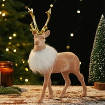 Ovzne Christmas Simulated Reindeer Ornament - 11.02×7.87×2.76in Brown Plush Deer Figurine with Antlers Scarf, Festive Decor for Home Tree