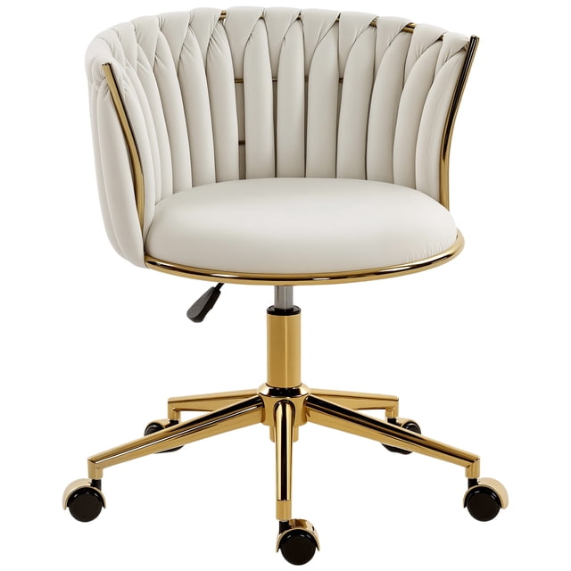 HOMCOM Office Chair, Swivel Vanity Chair with Woven Back, Cream White