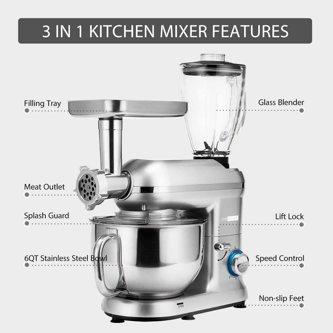  VIVOHOME 3 in 1 Multifunctional Stand Mixer with 6 Quart  Stainless Steel Bowl, 650W 6 Speed Tilt-Head Meat Grinder, Juice Blender,  Red: Home & Kitchen