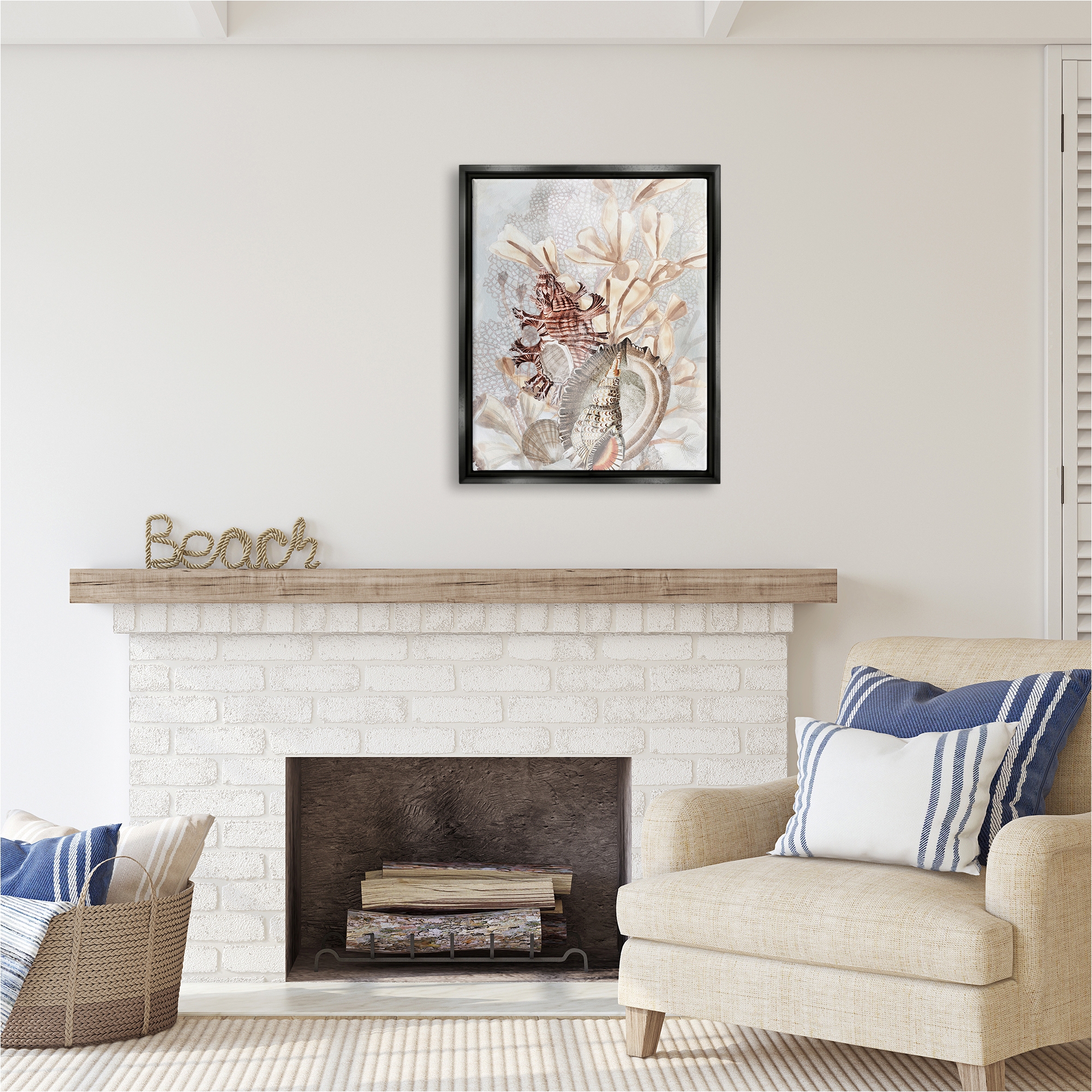 Stupell Industries Beige Mixed Seashells Animals & Insects Painting Black Floater Framed Canvas Art Print Wall Art, 25 x 31