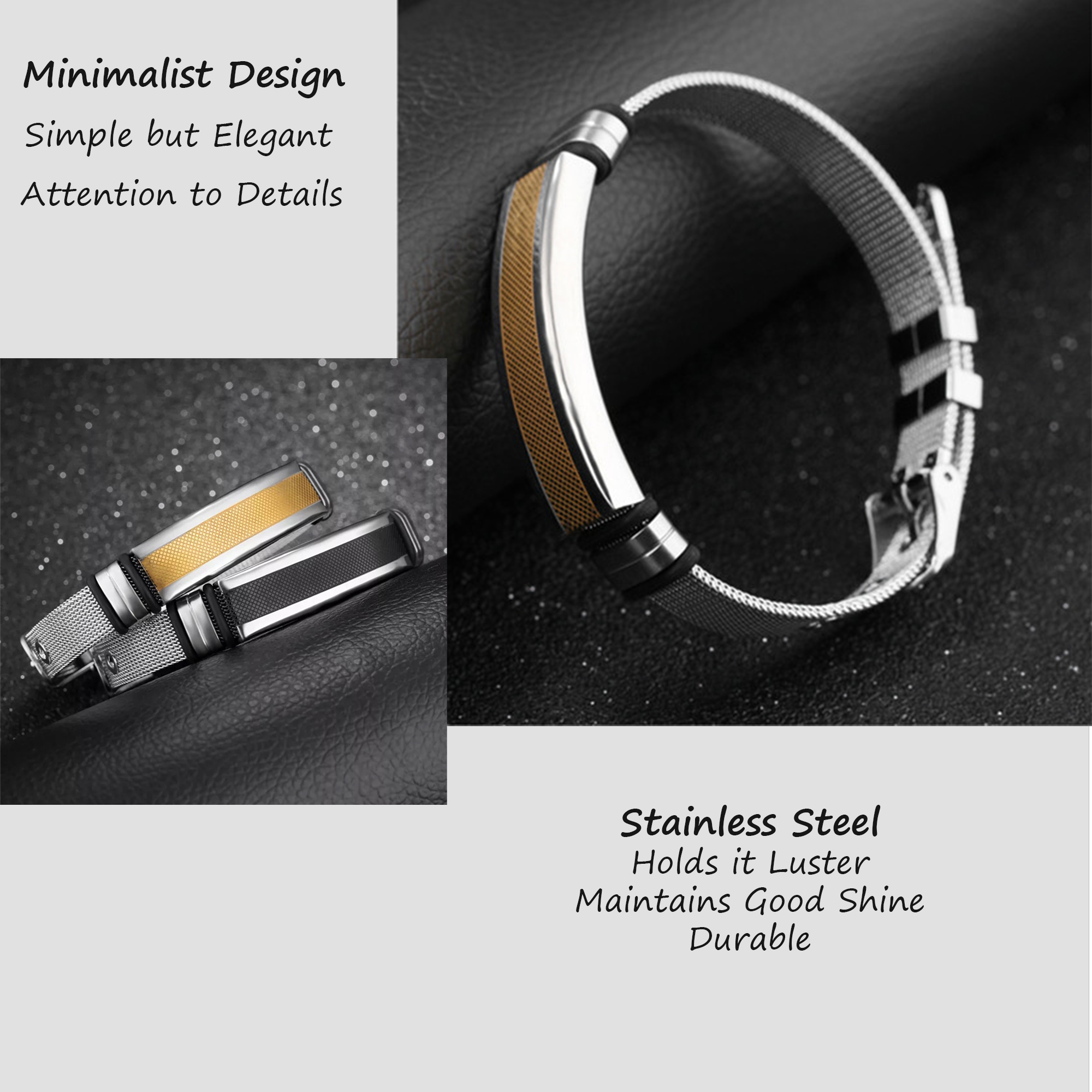 Mens Stainless Steel Bracelet with Bar, Adjustable Mesh Band with Buckle Clasp, Gold/Silver