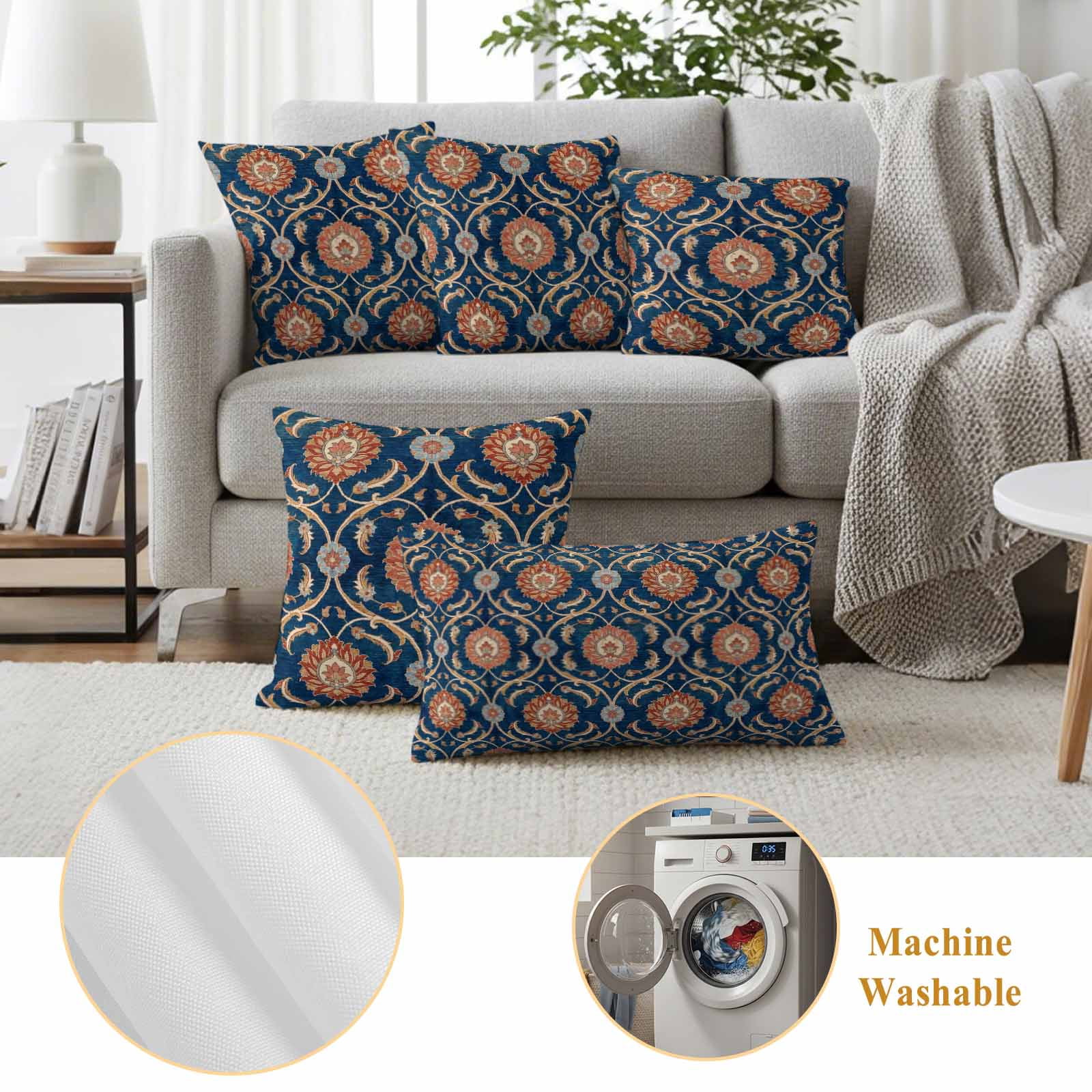 Flower Pattern Outdoor Pillow Covers Set of 2 Vintage Orange Classic Floral Country Navy Blue Waterproof Throw Pillow Cover Decorative Cushion Cases for Patio Porch Garden 20X20 Inch