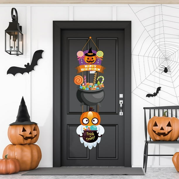 Colgante de puerta de calabaza con cara de fantasma de Halloween, sombrero de bruja, signo de puerta de truco o trato, decoración de Feliz Día de Halloween