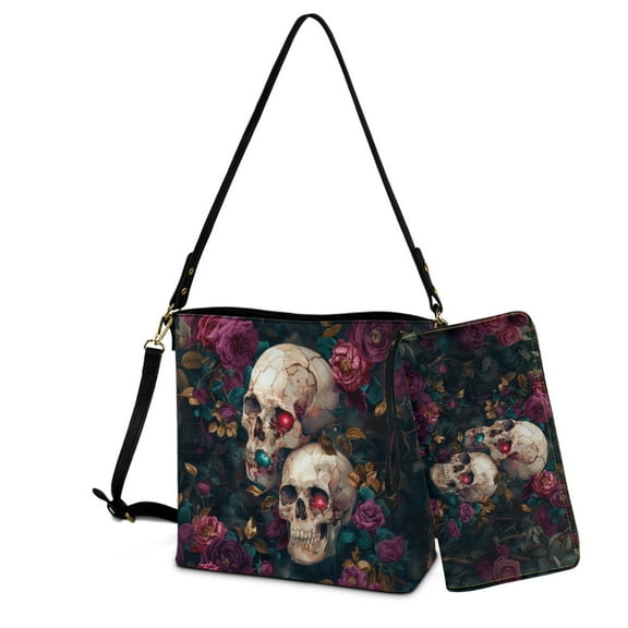 ZUXONGSY Skull Rose Print Bucket Purse and Wallet Set for Women Lady Multipurpose Crossbody Handbag with Leather Wallet Fashion Bucket Bag Tote Purse Set for Workout