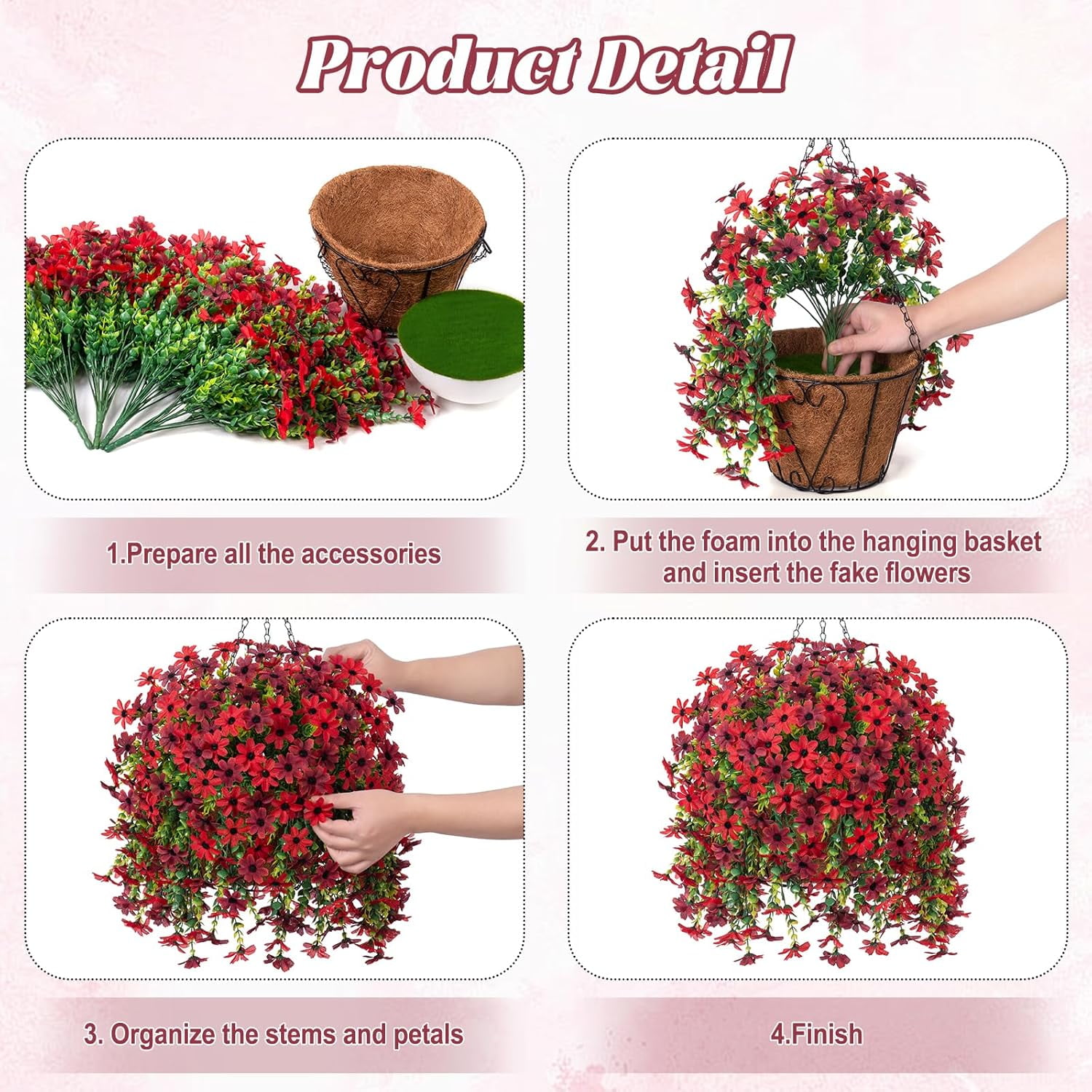 Artificial Fake Spring Hanging Flowers Plants with Basket Outdoor Flower Decor, Faux Silk Colorful Daisy in Metal Coconut Lining Pot Plastic Shrubs Decor Farmhouse Home Garden (Rose Pink)