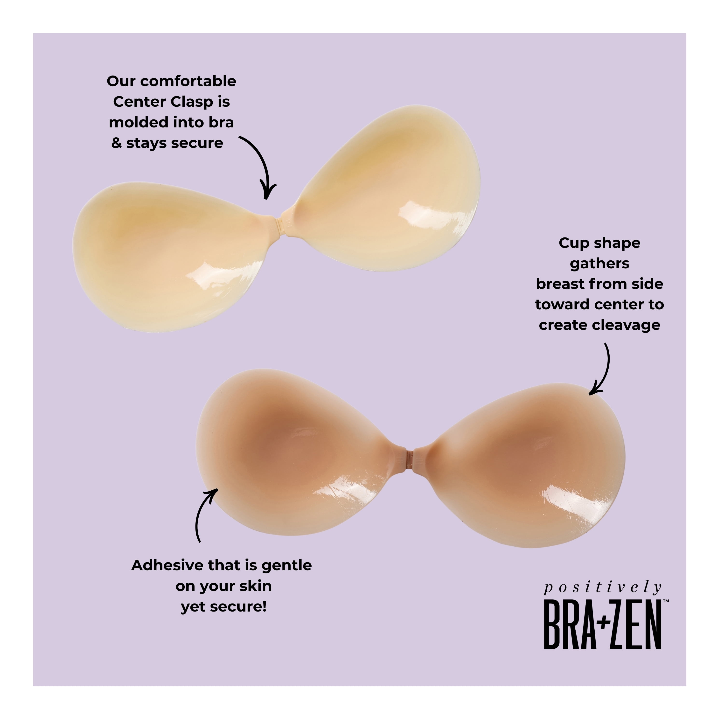 Positively BRA+ZEN Women’s Reusable Silicone Cleavage Creator Strapless Backless Bra, Adhesive Stick on Bra Cup Size A-D