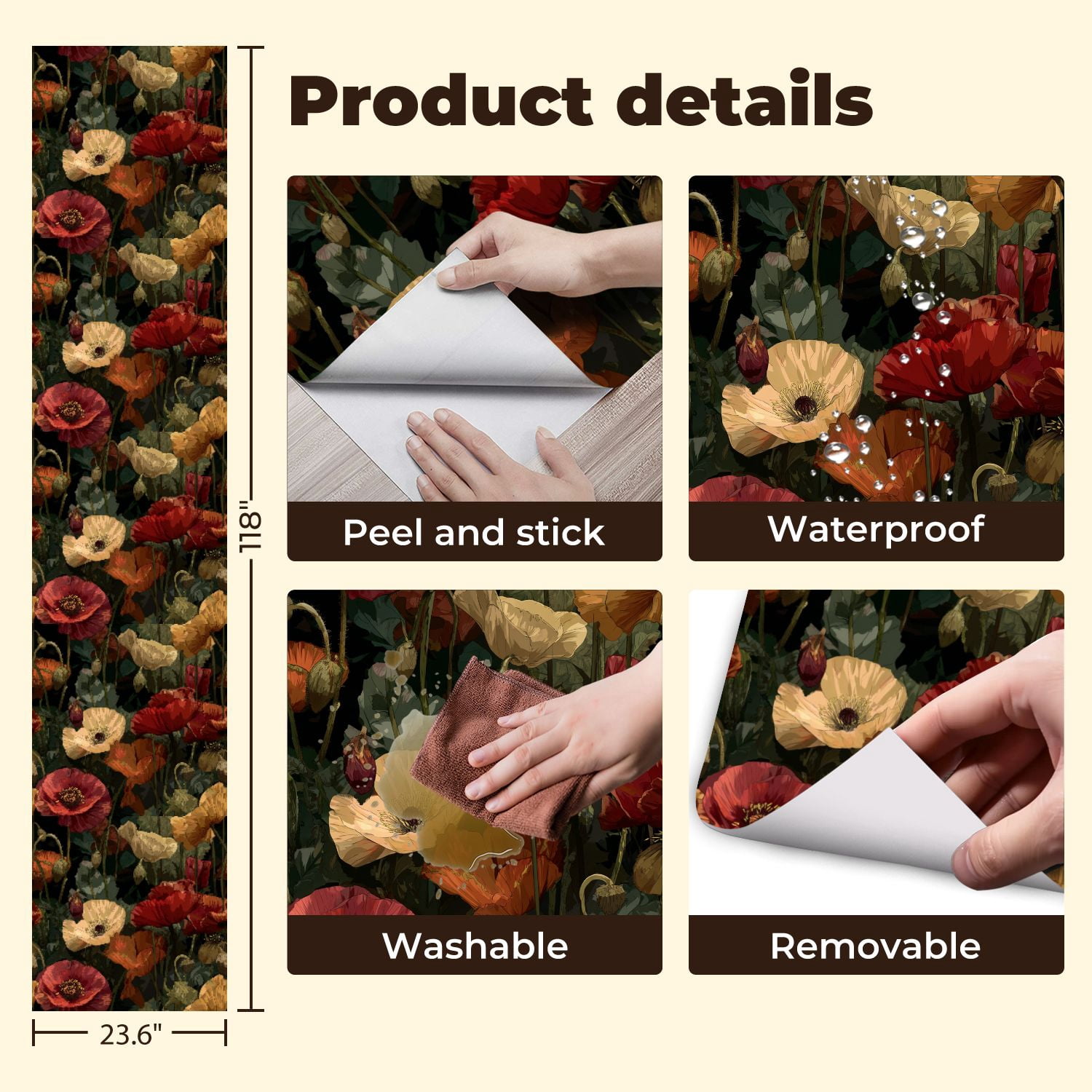 Vintage Peel and Stick Wallpaper Lush Garden Poppies 3D Petal Veins Soft Shadows Wall Mural 23.6in x 9.8ft Self Adhesive Removable Wall Paper Floral Contact Paper for Nursery Bedroom Cabinets