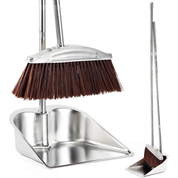 Broom with Dustpan Combo Set, 46" Stainless Steel Broom and Dustpan Set for , Heavy Duty Dust Pan with Long Handle, Broom for Sweeping Indoor and Outdoor, Kitchen Broom and Dust Pan (Brown)