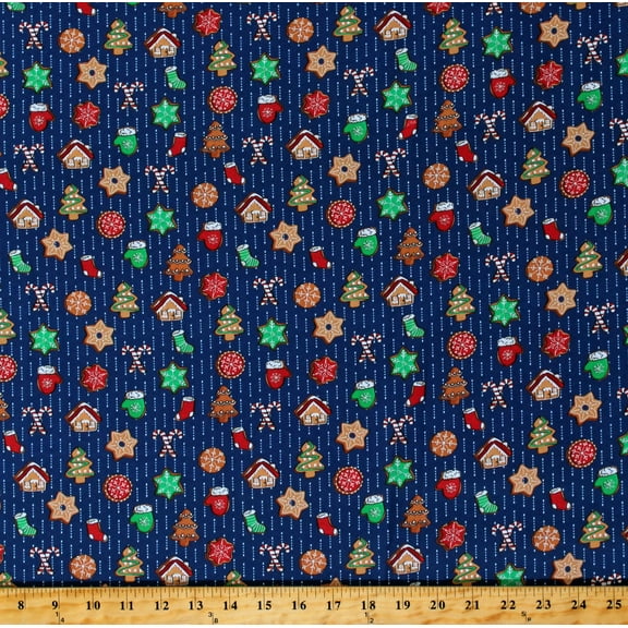 Cotton Gingerbread Cookies Christmas Trees Mittens Snowflakes Houses Stockings Candy Canes Sweater Weather Blue Cotton Fabric Print by the Yard (1649-27829-N)