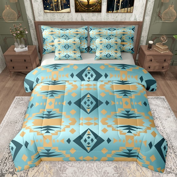 Homewish Adult Turquoise Aztec Twin Bedding Sets 7-Piece, Chic Triangle Abstract Bedding Comforter Set, Western Hippie Bohemian Reversible Sheet Sets, Luxury Bedroom Decor