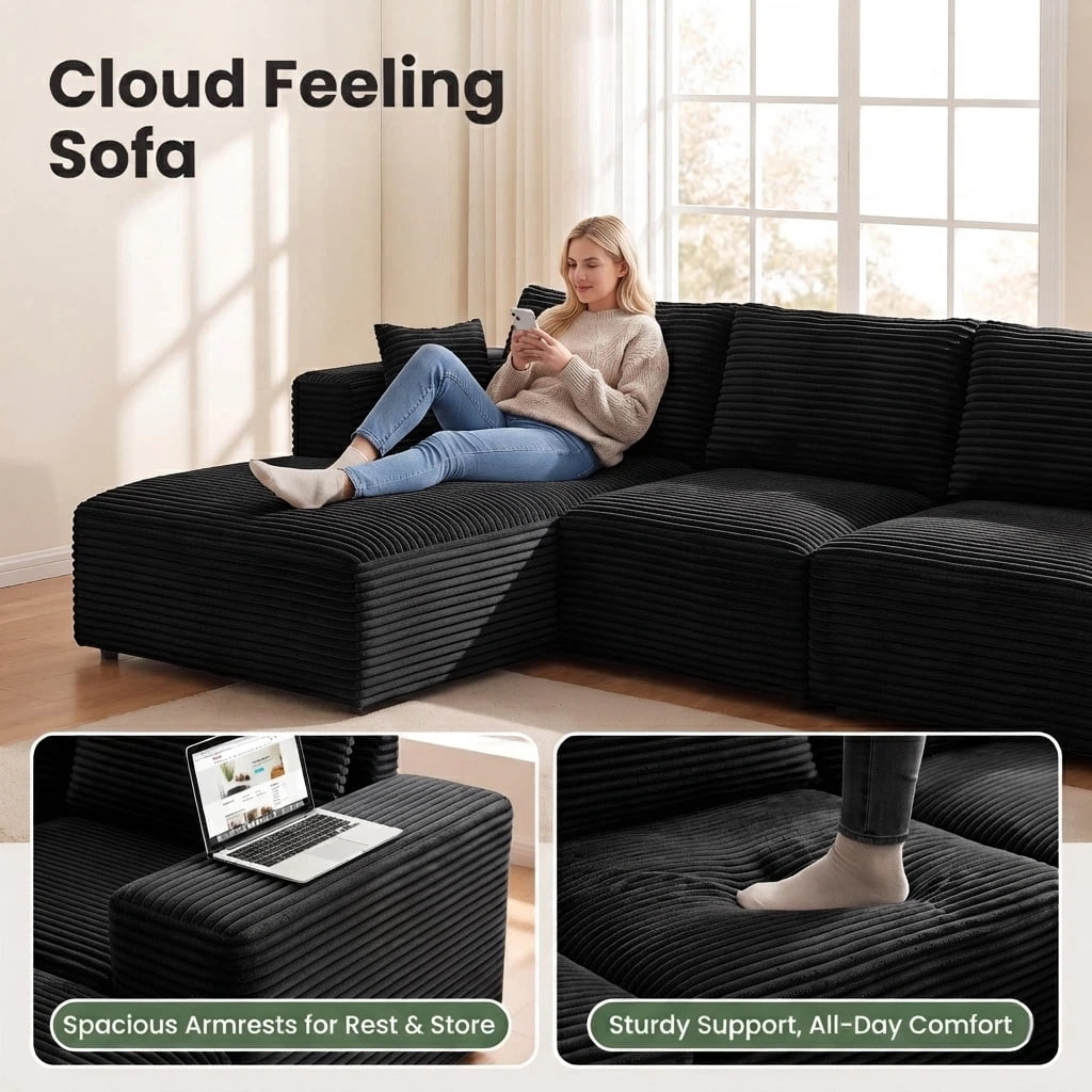 U-Shape Sectional Sofa, Lofka 135'' Modular Sectional Couch with Chaise Lounge, Couch Comfy Corduroy Floor Sofa for Living Room, Corduroy Upholstered 4-Seater Sofa with Pillow Back and Square Arms,