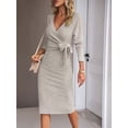 thumbnail image 3 of Biekopu Women's Knit Midi Slim Dress Solid Color Wrap V-Neck Knot Front Long Sleeve Dress for Fall, 3 of 5