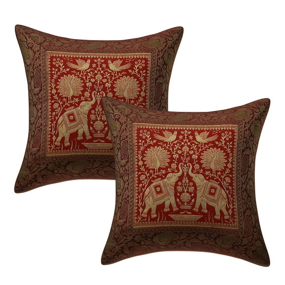 Stylo Culture Indian Sofa Throw Pillow Covers 16 x 16 Jacquard Peacock Red Square 40cm x 40cm Home Decor Brocade Elephant Zippered Cushion Covers | Set Of 2