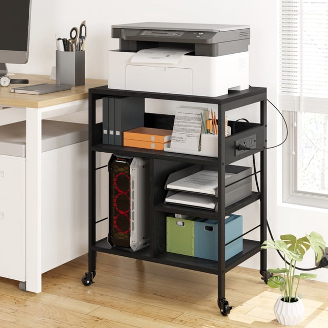 Support d'Imprimante Amovible avec Prises Électriques et Ports de Charge USB, Table d'Imprimante Roulante à 4 Niveaux avec Étagère de Rangement et Roues