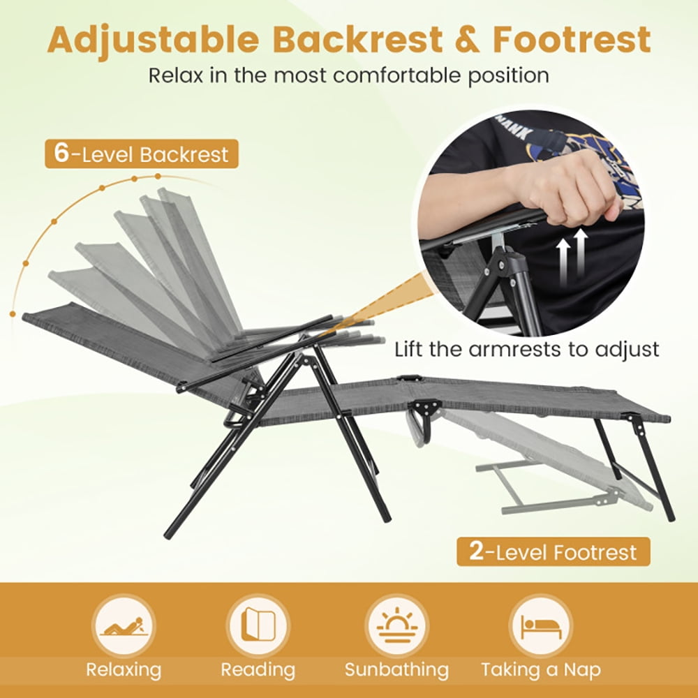 Aimee Lii 2 Piece Patio Folding Chaise Lounge Chairs Recliner with 6-Level Backrest, Patio Loungers, Gray