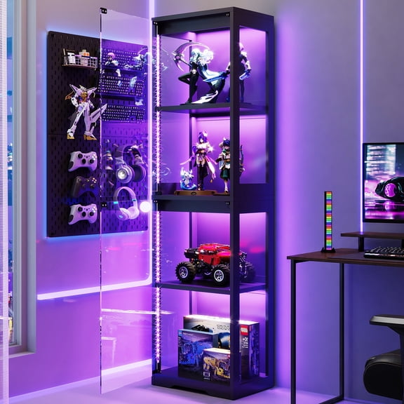 Casacomoda 4-Tier Gaming RGB Lights Display Cabinet, Corner Display Case & Curio Cabinet with Glass Door , for Collectibles, Models, Lego Display Shelf, Black