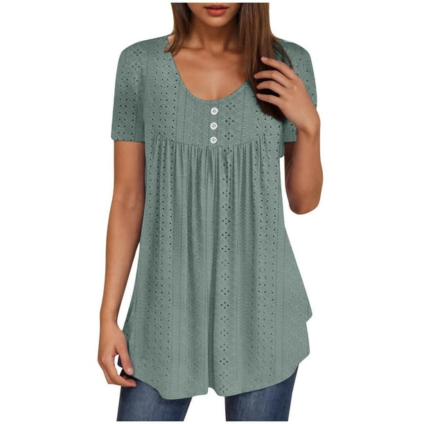 Camisetas Casuales de Mujer Cuello Redondo de Color Sólido con Diseño de Manga de Botón Ahuecado, Camiseta de Verano Ligera para Uso Diario
