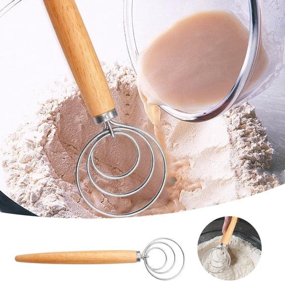 Danish Dough Whisk Stainless Steel Flour Mixer with Wooden Handle for Baking Bread Pizza and Kneading Tool