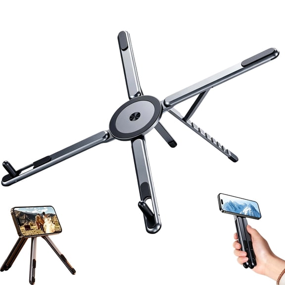 4-in-1 Foldable Magnetic Device Stand, 360 Rotating Magnetic Holder, Portable Design, Adjustable Aluminum Laptop Stand for Phone, Tablet, Laptop, Office