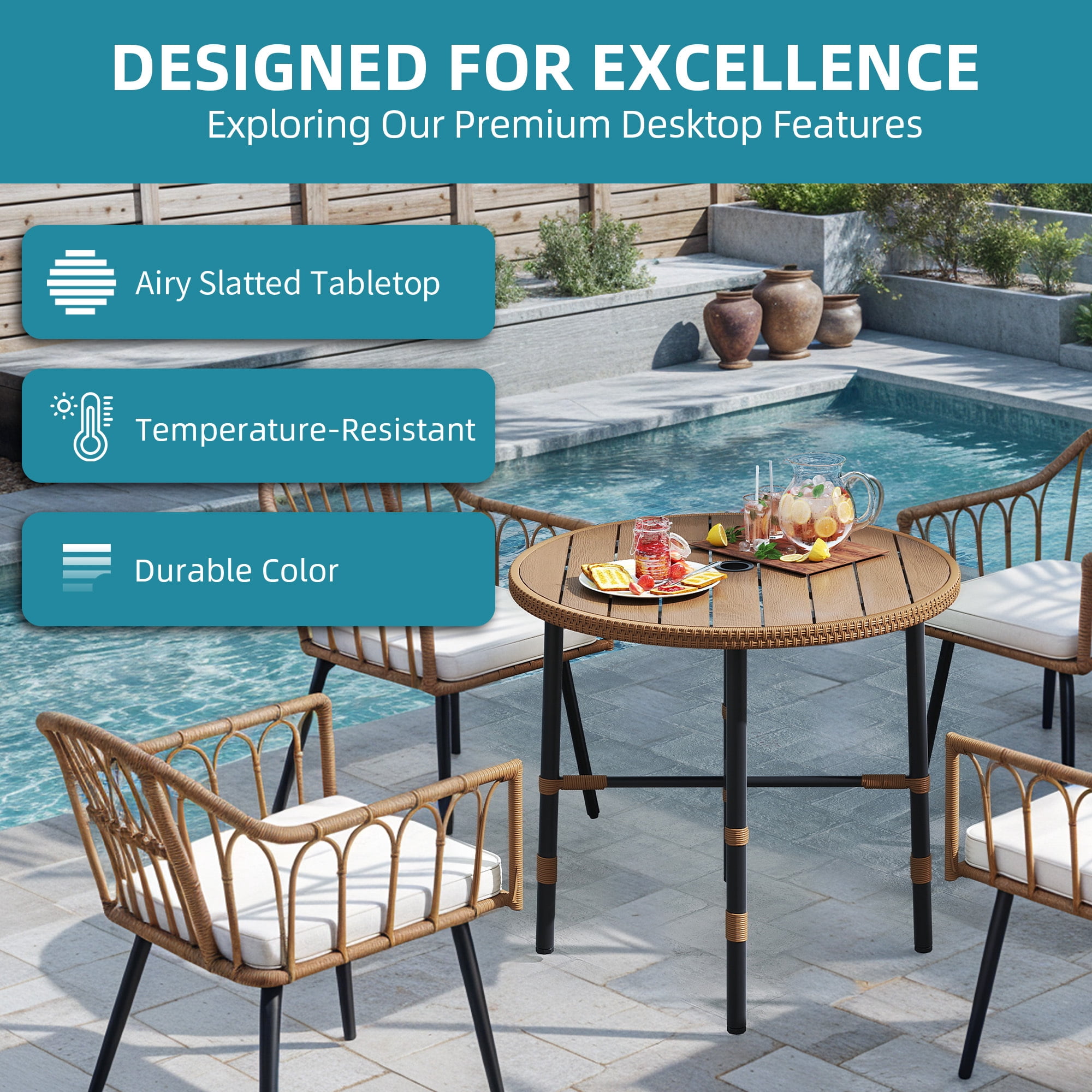 Uforic Round Outdoor Dining Table for 4, 35.4" x 30.3" All-Weather Patio Bistro Table with 2.2" Umbrella Hole, Adjustable Levelers, Metal Frame and Faux Wood Tabletop for Backyard Garden