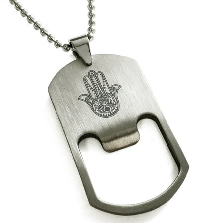 - Stainless Steel Evil Eye Hamsa Hand of Fatima Engraved Bottle Opener Dog Tag Pendant Necklace