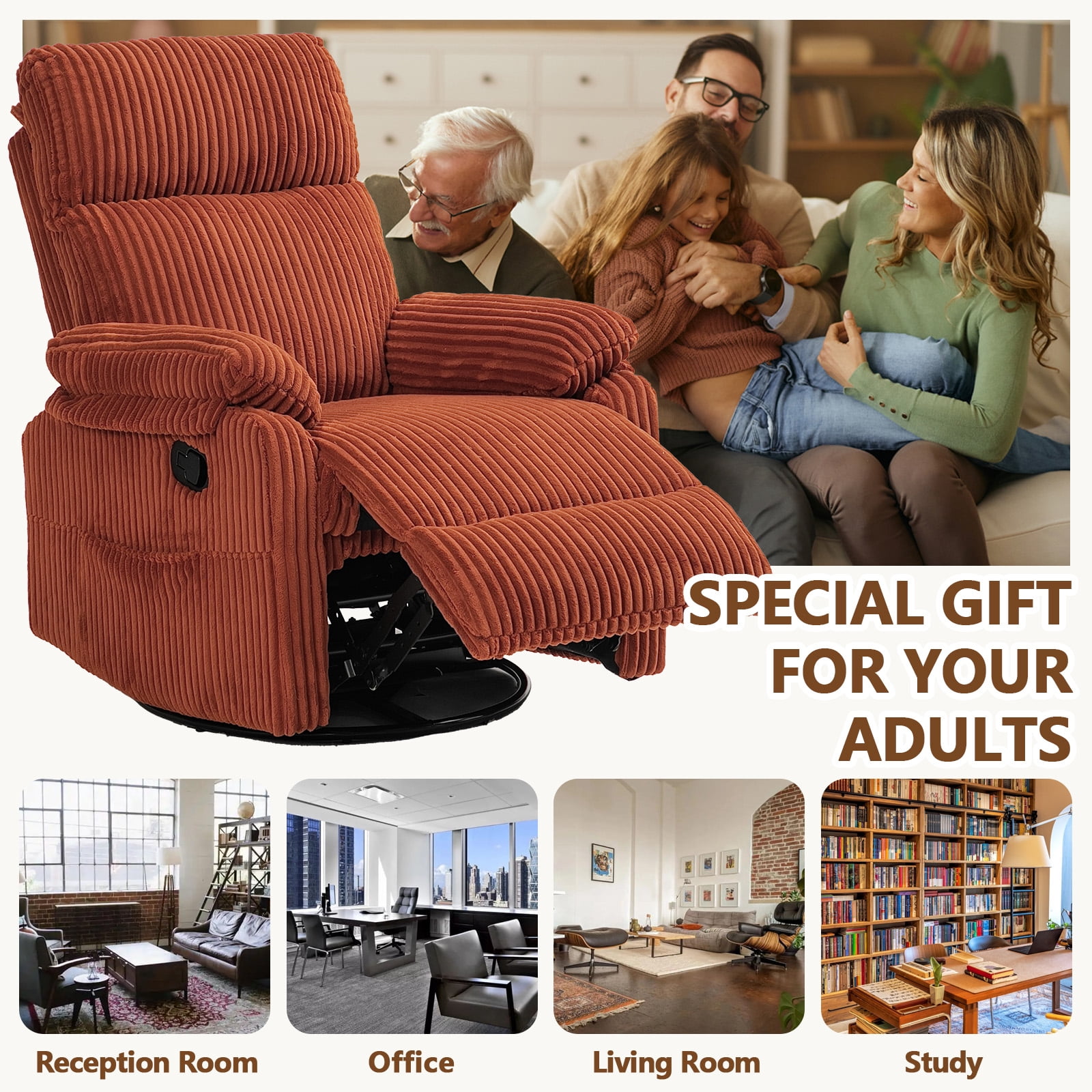 Leumius Swivel Recliner Chair,360° Swivel Rocker Chair for Living Room,Upholstered Nursery Glider Recliner Chair for Small Spaces,Manual Recliner for Adults for Home Theater,Orange