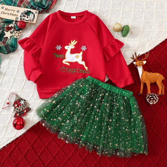 Wuxian Girls Christmas Sweater Suit Long Sleeve Cute Embroider Round Neck T Shirt Pullover Tops And Sequins Skirts Stylish Fashion Outfits,Red,1-2 Years