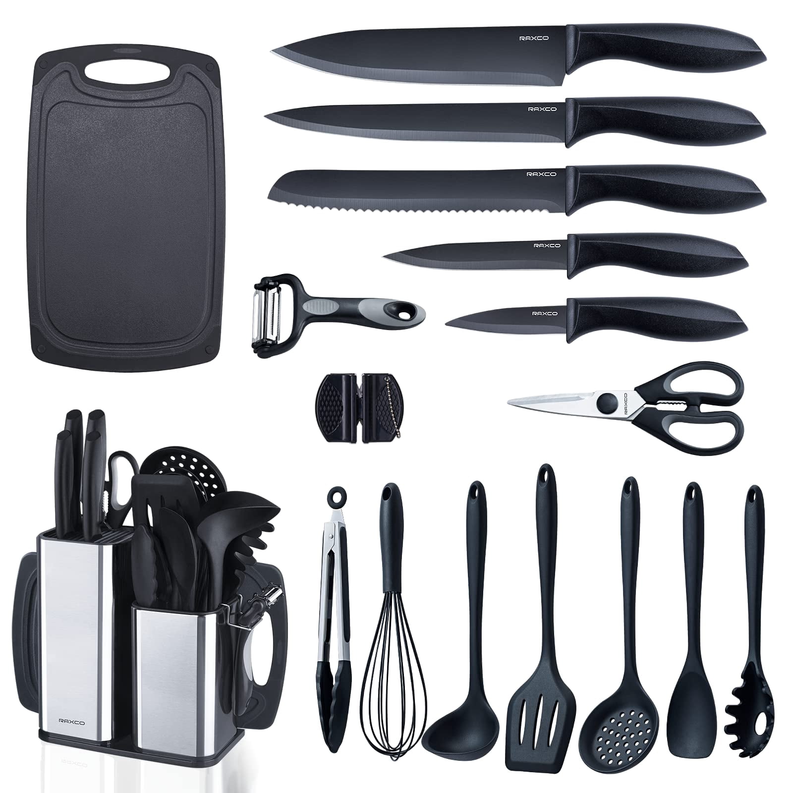 Kitchen Utensils Set for Cooking-7 Cooking Utensils,6 Knife set Black,5 Utensil Sets,utensilios de cocina(18-in-1)