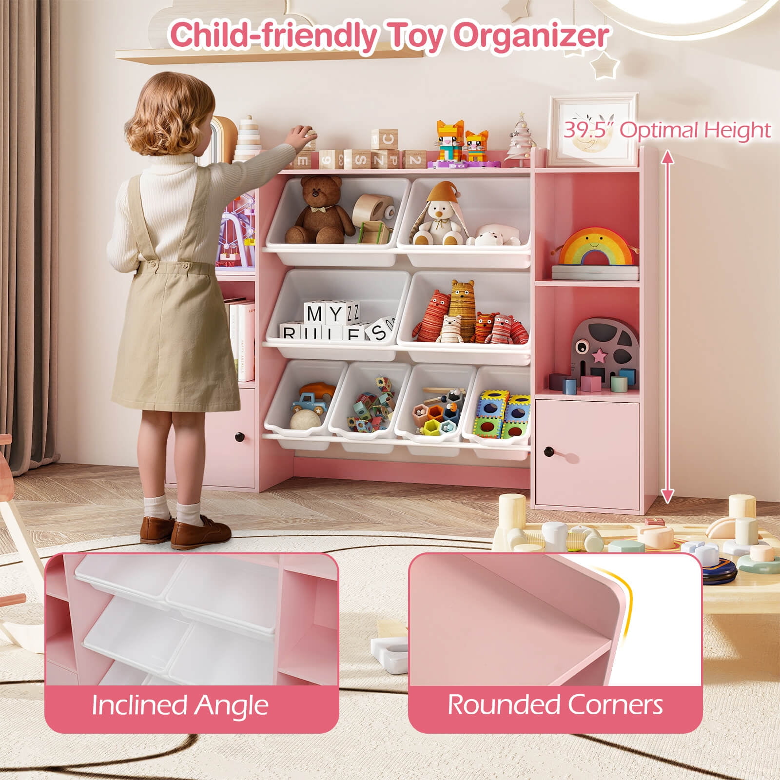 Costway Kids Toy Storage and Bookshelf with 8 Boxes Open Shelves & 2 Single-door Cabinets Pink