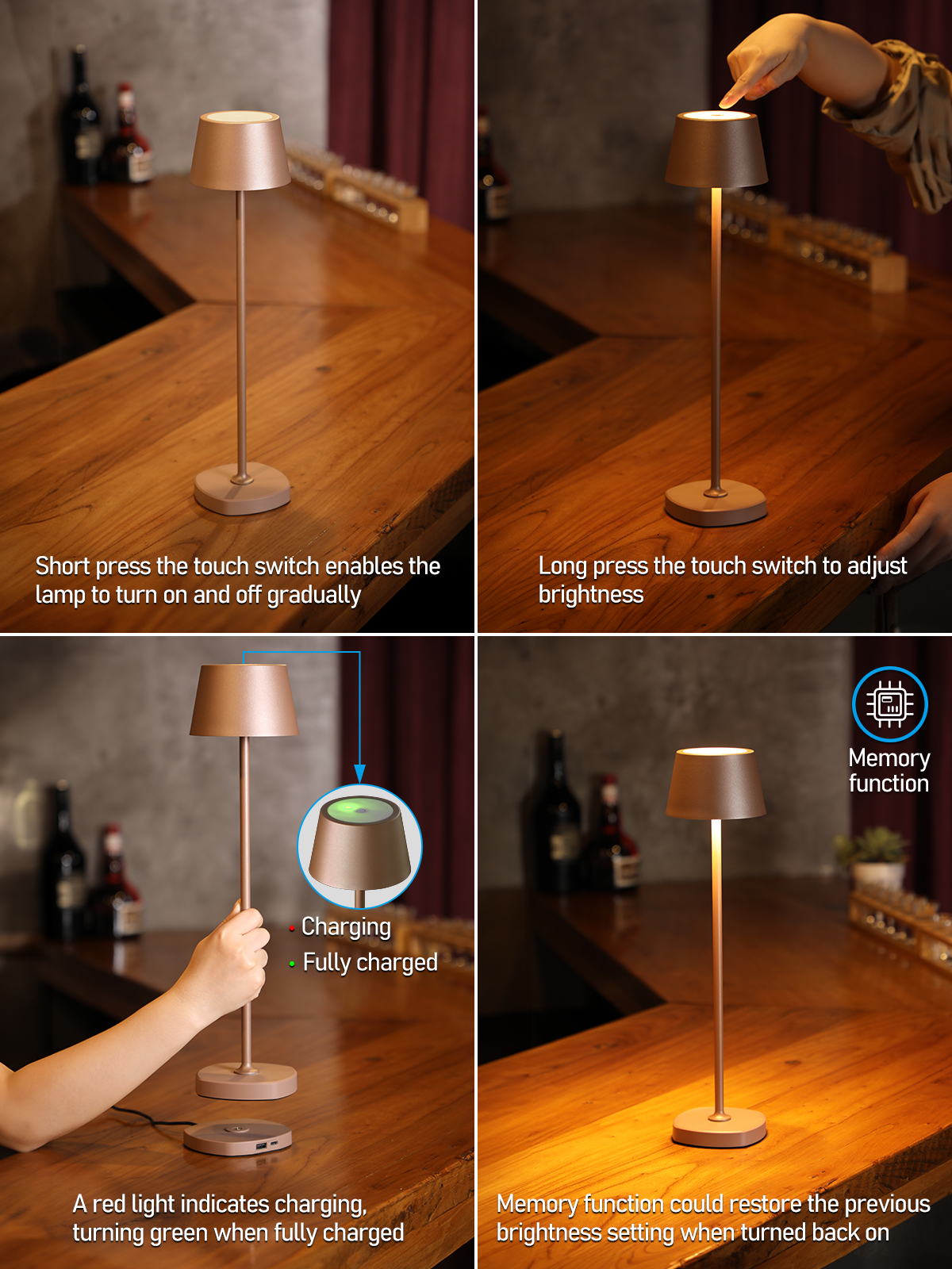 2 Pack Rechargeable Cordless LED Table Lamp, Dimmable Desk Lamp for Restaurant, Base Contact Charging, Brown