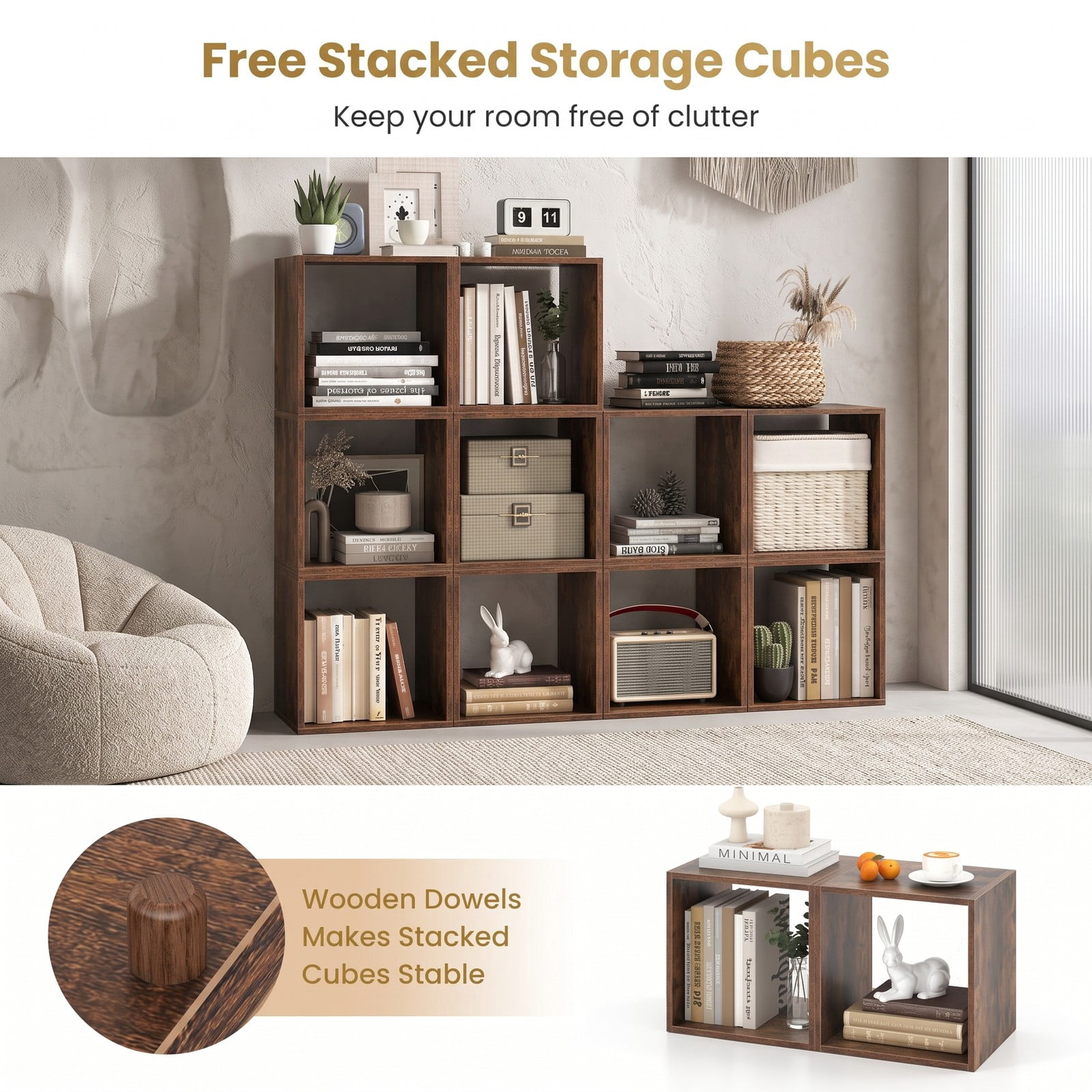 Furnibear Cube Storage Organizer Set of 2, Stackable Modular Wood Bookcase Cubby Shelf for Living Room Bedroom Study Office, Display Bookshelf with, Rustic Brown