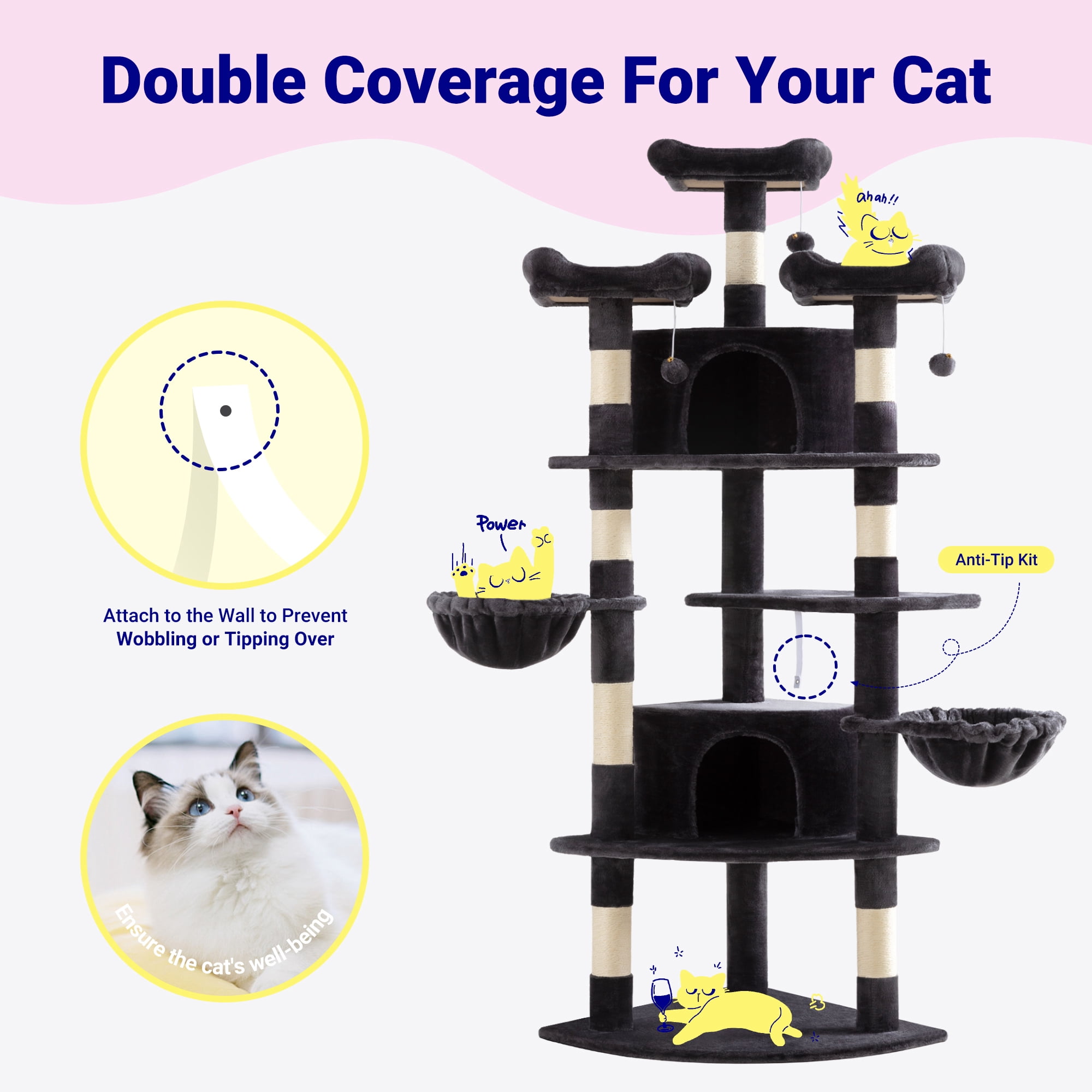Allewie 73in Fan-Shaped Space-Saving Corner Cat Tower, Multi-Level Tall Cat Tree for Indoor Kitties, Cozy Baskets, Condos, House, Perches, Sisal Scratching Posts, Dark Grey