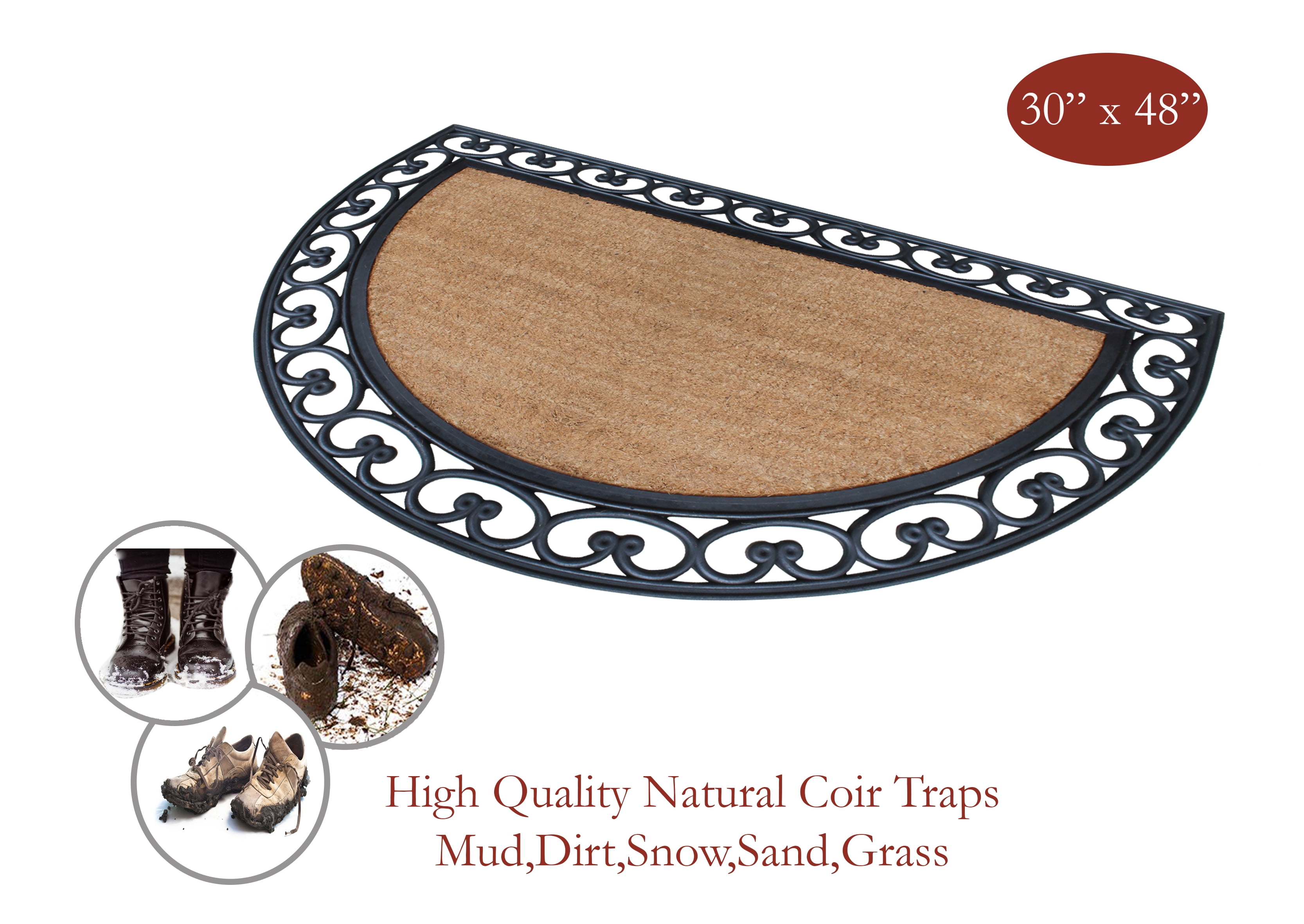 A1HC Half Round Rubber and Coir 30" x 48" Classic Black Double Doormat