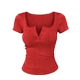 thumbnail image 4 of Uootdi T Shirts for Women Short Sleeve V Neck Scallop Edge Ribbed Knit Solid Casual Tops Going Out Style Stretchy Slim Fit Tees Gift, 4 of 6