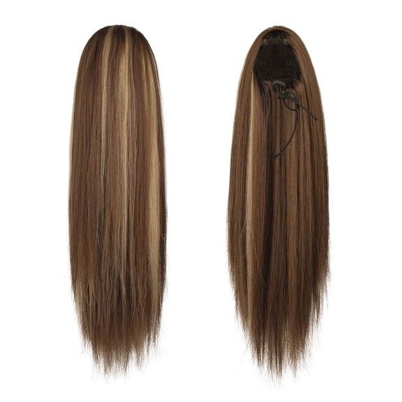 WEIF-Drawstring Ponytail Extensions - 16 Inch Short Straight Drawstring Ponytail Hair Extensions for Women, Soft Synthetic Clip in Pony Tails Hairpieces - Brown with Highlights