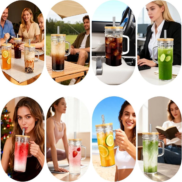 4 Pack 24oz Glass Cups with Lids and Straws, Glass Tumbler With Handle,  Reusable Iced Coffee Cup with Lids-Mason Jar with Lid and Straw,Boba Cup  for ...