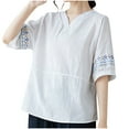thumbnail image 2 of Summer Womens Tops 2025 Cotton and Linen Plus Size Solid Color Button Half V-neck Shirt Short Sleeved V-neck Shirt, 2 of 5
