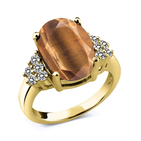 Gem Stone King 4.33 Ct Oval Brown Tiger Eye White Diamond 18K Yellow Gold Plated Silver Ring (Size 9)