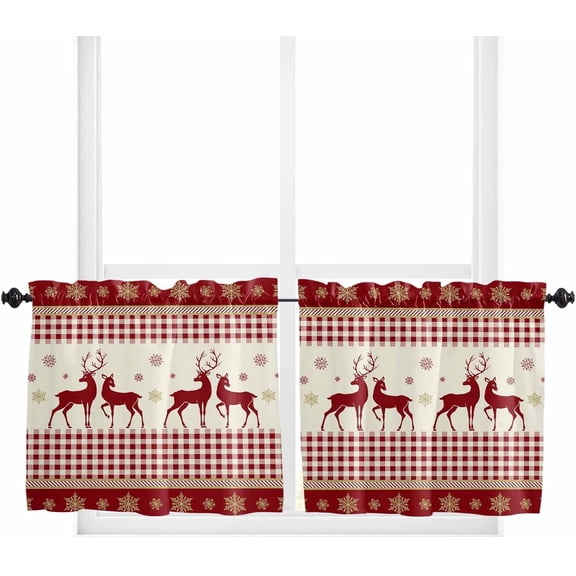 Red Elk Christmas Tier Curtains 36 Inches Long, Buffalo Plaid Winter Snowflake Xmas Rod Pocket Window Curtains Panels for Bedroom/Bathroom/Nursery, Small Short Half Curtains Drapes for Cafe 27.5"x36"