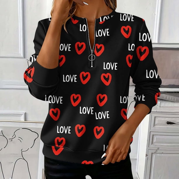 TaTaai Women's Valentine Heart Print Loose Round Neck Long Sleeve Sweatshirt, Valentine's Day Gift, Chic Casual Office Daily Top Gift