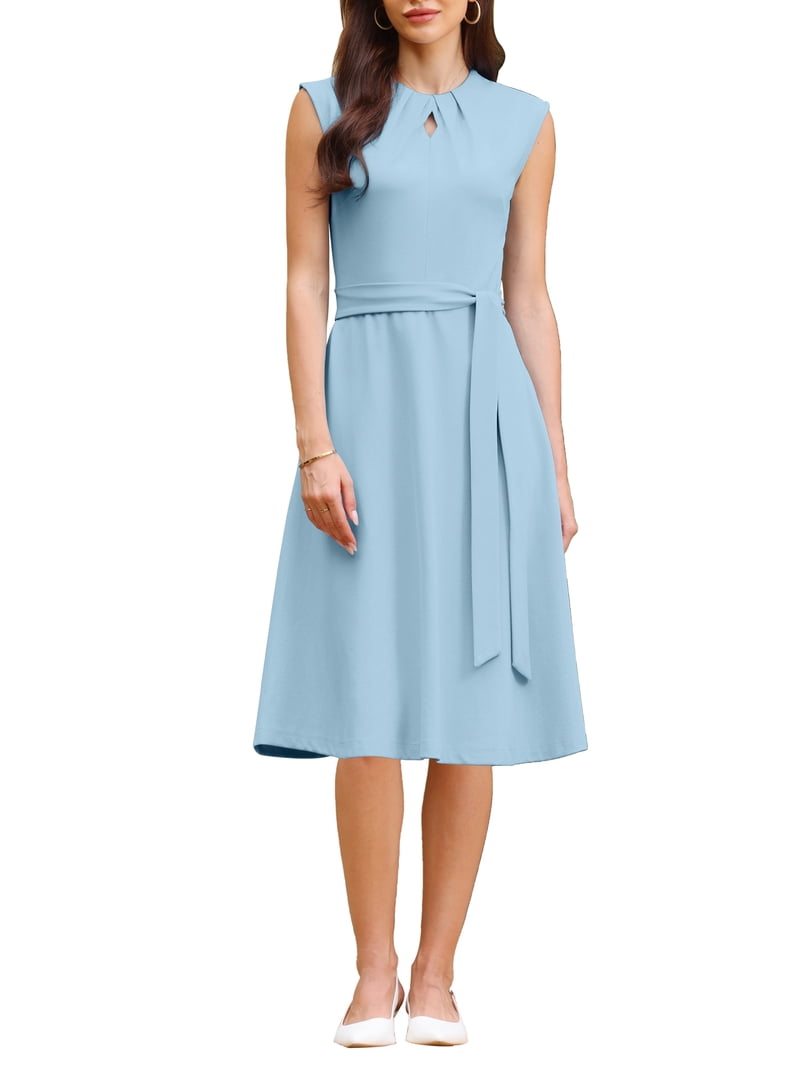 Inspire Chic Women's A-Line Sleeveless Dress Pleated Neck Tie Waist Summer Work Flare Dresses L Light Blue, Size: Large